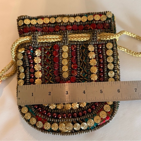 Bohemian Beaded Vibrant Red And Gold Drawstring Closure Small Unique Bag - Picture 6 of 10